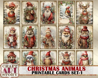 Vintage Christmas animals printable cards set-1,winter printables digital papers