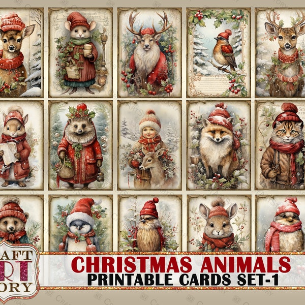Vintage Christmas animals printable cards set-1,winter printables digital papers