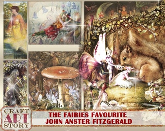Può includere: Un collage di stampe d'arte di fate vintage. Le immagini raffigurano fate, funghi e uno scoiattolo in un ambiente forestale. Il testo recita "Craft Art Story" e "The Fairies Favourite John Anster Fitzgerald".