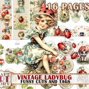 Vintage Ladybug Fantasy Junk Journal Pages Fussy Tagli e tag, documenti digitali stampabili