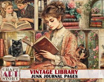 Vintage bibliotek skräpjournalsidor, gamla böcker, scrapbooking utskrivbara digitala papper