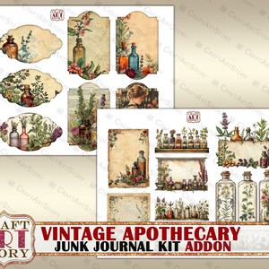 May include: Vintage apothecary themed digital collage sheet with labels, frames, and bottles of potion.  The sheet is perfect for junk journaling, scrapbooking, and card making.