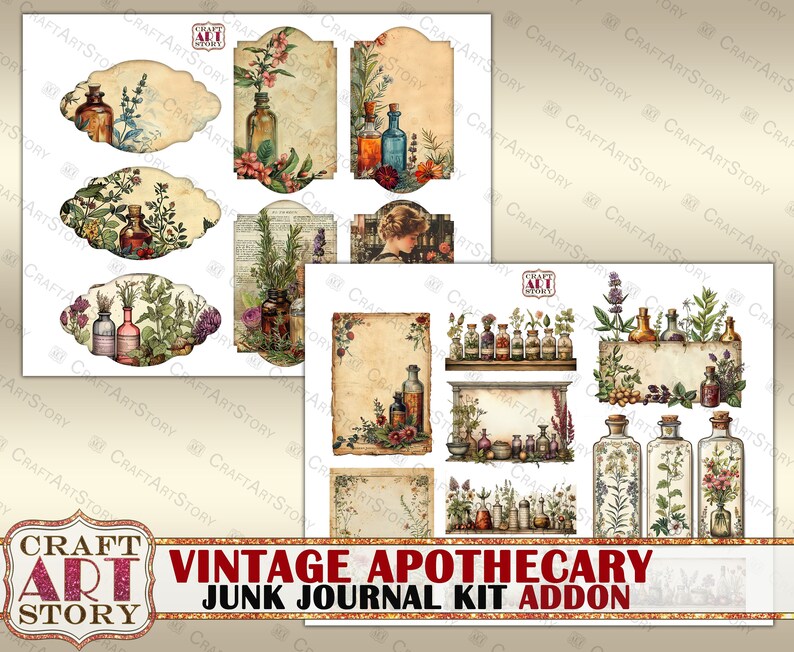May include: Vintage apothecary themed digital collage sheet with labels, frames, and bottles of potion.  The sheet is perfect for junk journaling, scrapbooking, and card making.
