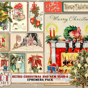 Retro Christmas Ephemera Pack-4, papeles de los años 50, tarjeta retro, paquete de papel vintage