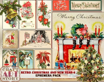 May include: A digital collage of vintage Christmas and New Year images. The images include a bell, kittens, mittens, a fireplace with stockings, a Christmas tree, a house, a bird, and a poinsettia. The text "Merry Christmas" and "Christmas Greetings" are also included.