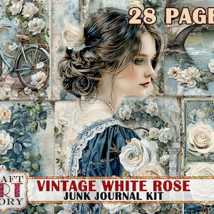 Kit diario spazzatura vintage White Rose, documenti digitali stampabili per album