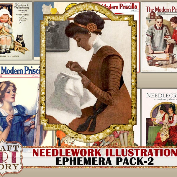 Vintage needlework illustrations papers, Ephemera Pack-2