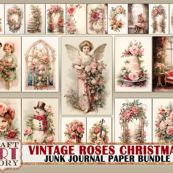 Vintage Roses Christmas digital papers,printables Junk Journal Paper Bundle