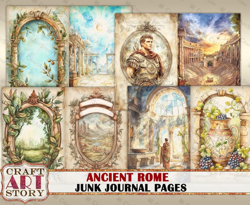 May include: A set of 10 printable digital junk journal pages featuring watercolor illustrations of ancient Roman architecture, a Roman soldier, and a grapevine with a vase. The pages are perfect for adding to your junk journal or using for other crafting projects.