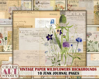 Vintage old paper Wildflowers backgrounds kit,decorative junk journal papers