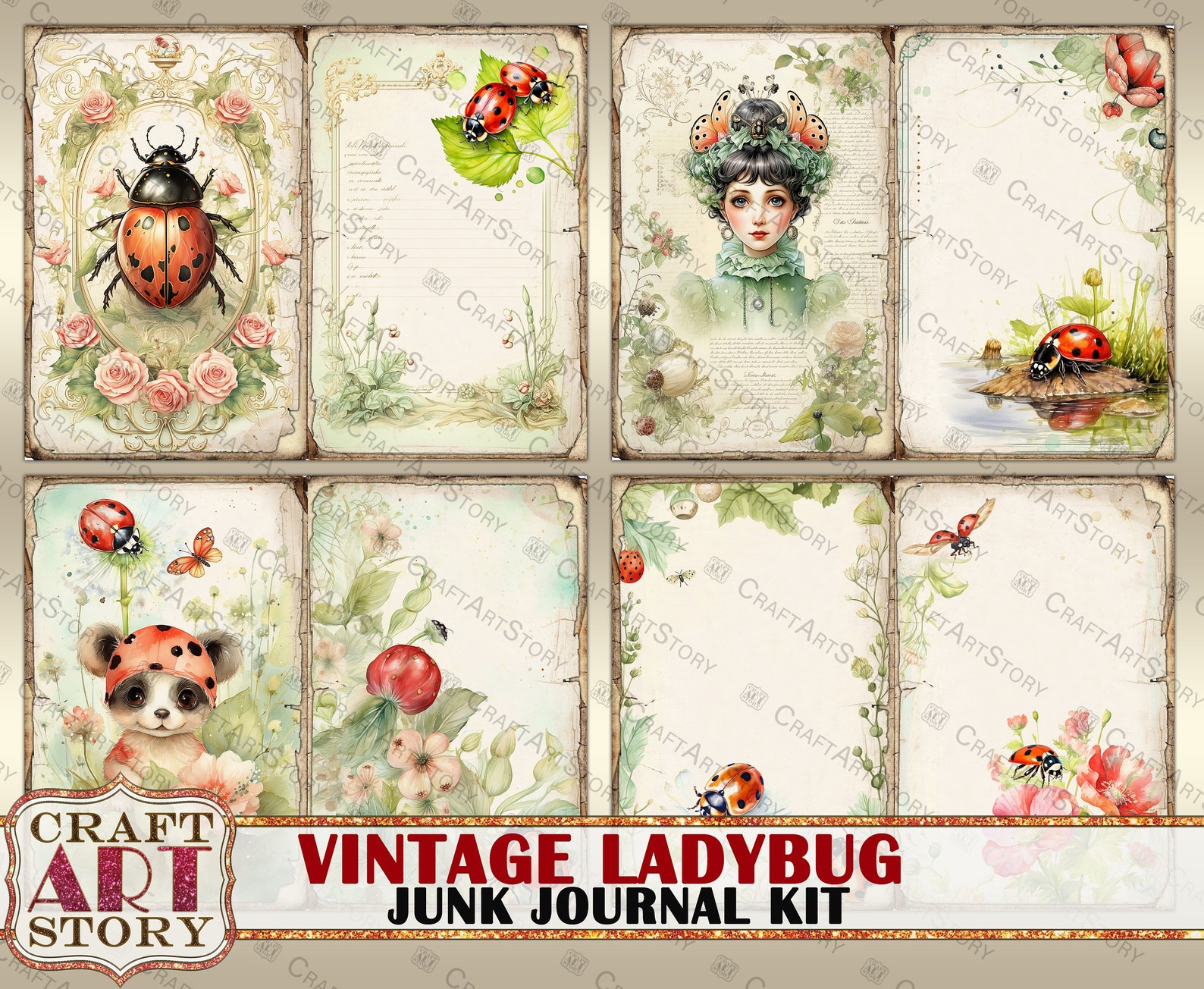 Vintage Ladybug Fantasy Junk Journal Pages, Printables Digital Papers ...