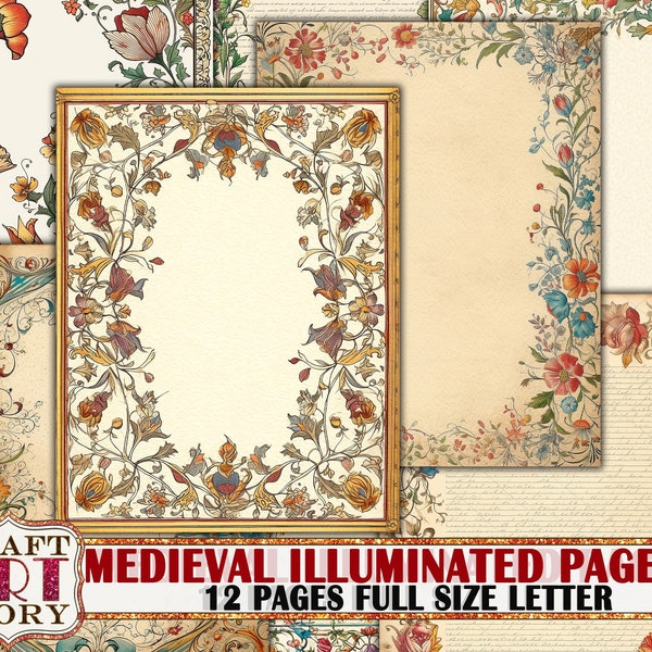 Vintage Medieval Illuminated Manuscript Frame journal pages-3,Illuminated Border,Paper Journal Kit