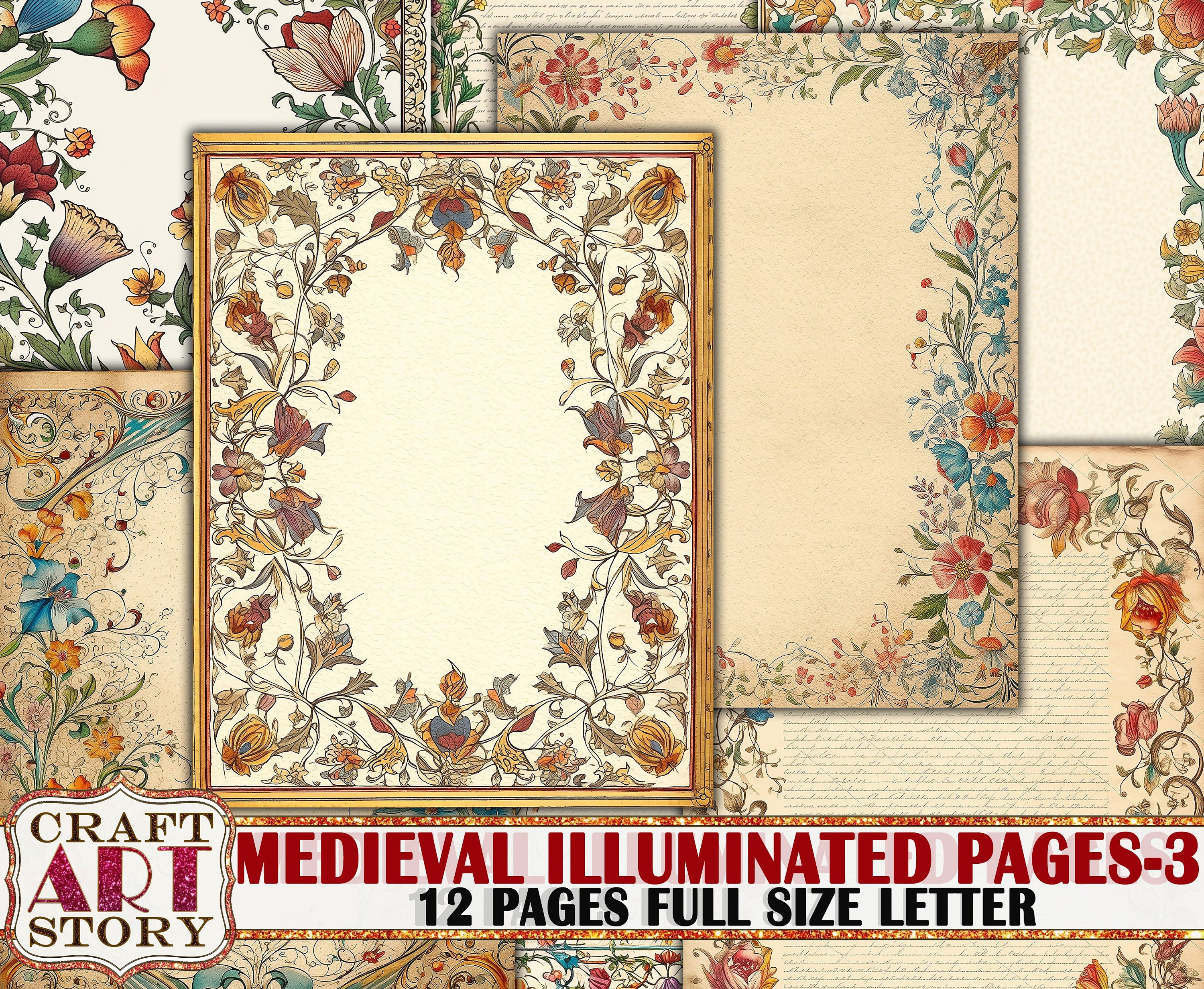 Vintage Medieval Illuminated Manuscript Frame Journal Pages