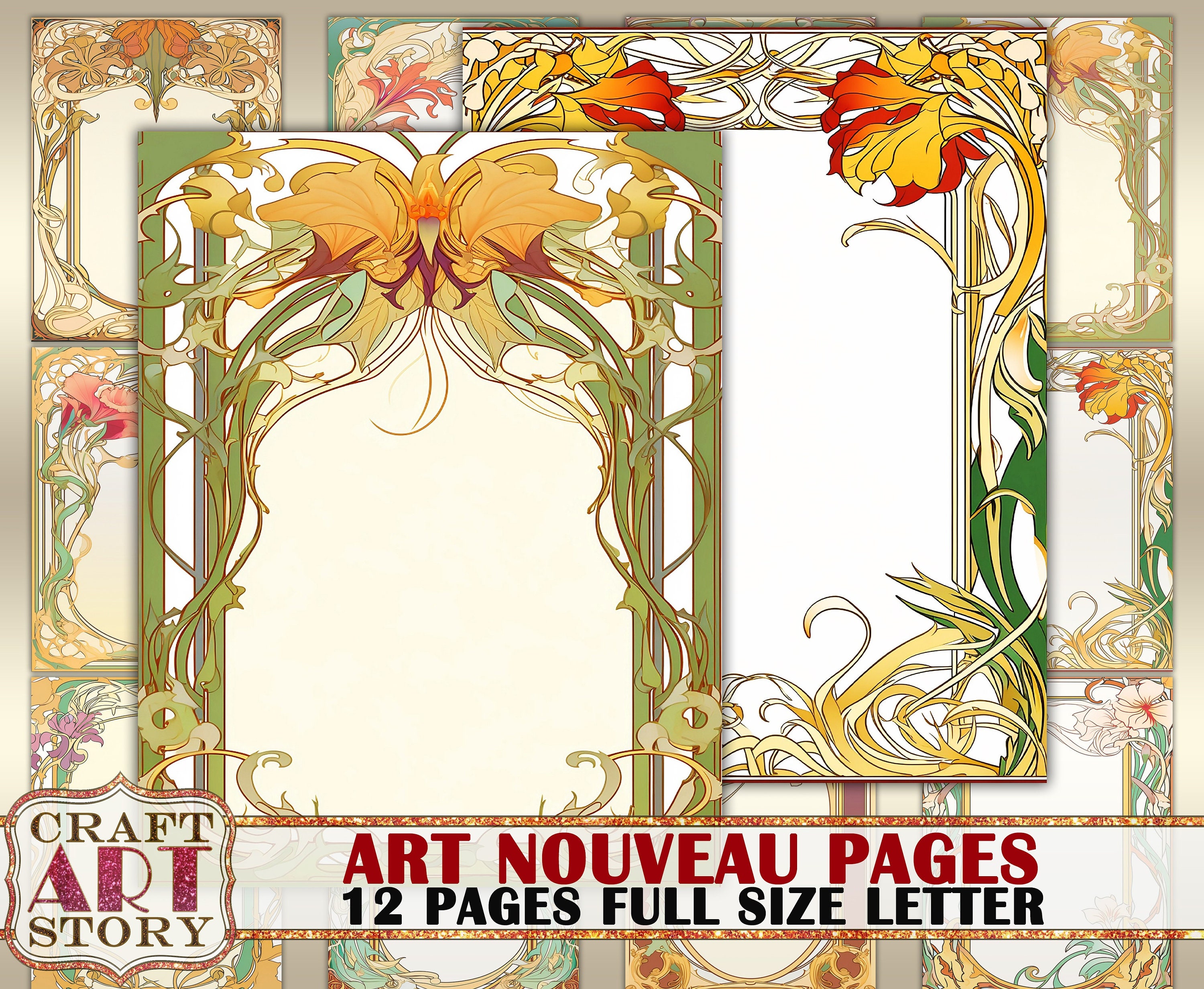 Art nouveau borders - Etsy México, image size:3000x2464