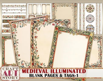 May include: A set of printable digital papers with medieval illuminated borders and blank pages. The papers feature intricate floral designs in shades of red, green, and gold. The text on the image reads "Medieval Illuminated Blank Pages & Tags-1".