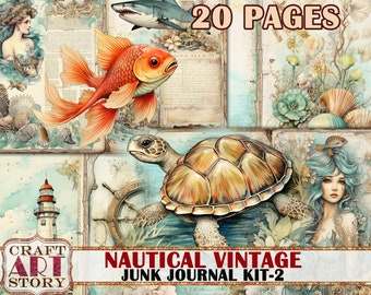 Nautical vintage Junk Journal Kit printable,scrapbook digital Pages-2