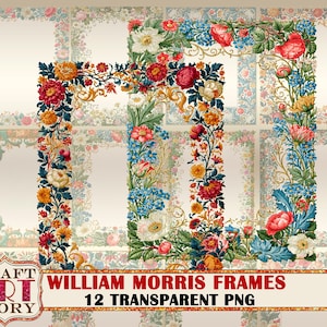 Puede incluir: Una colección de doce marcos digitales rectangulares con intrincados patrones florales de flores rojas, amarillas, azules y blancas con follaje verde. El texto "CRAFT ART STORY" y "WILLIAM MORRIS FRAMES 12 TRANSPARENT PNG" es visible.