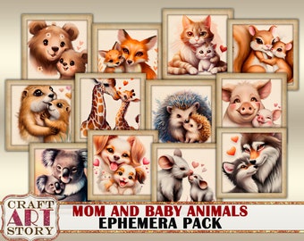 Ephemera Pack Mom and Baby Animals junk journals,printable Baby Animals kit