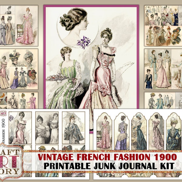 Druckbare edwardianische Mode 1900 Junk Journal Seiten, Vintage Collage