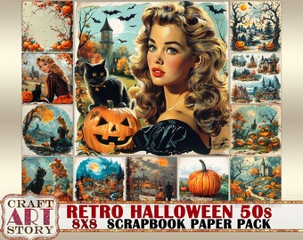 Retro Halloween jaren '50 dagboek Scrapbook Paper Pack, 8x8 DIGITALE papieren, papieren pad