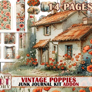 Vintage Poppies Junk Journal Kit ADDON, documenti digitali stampabili per album