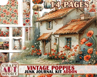 Vintage Poppies Junk Journal Kit ADDON,scrapbook printables digital papers