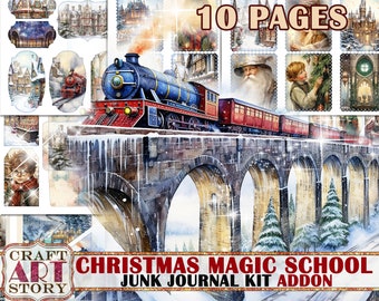 May include: A digital collage kit for junk journaling with a Christmas theme. The kit includes 10 pages of images featuring a red and blue train crossing a stone bridge, a snowy landscape, and a Santa Claus figure. The text "Christmas Magic School Junk Journal Kit Addon" is displayed at the bottom of the image.