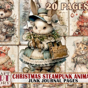Christmas steampunk animals Junk Journal Pages,winter printables digital papers