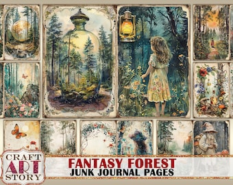 Fantasy Forest Junk Journal Pages,fairies printables digital Forest papers