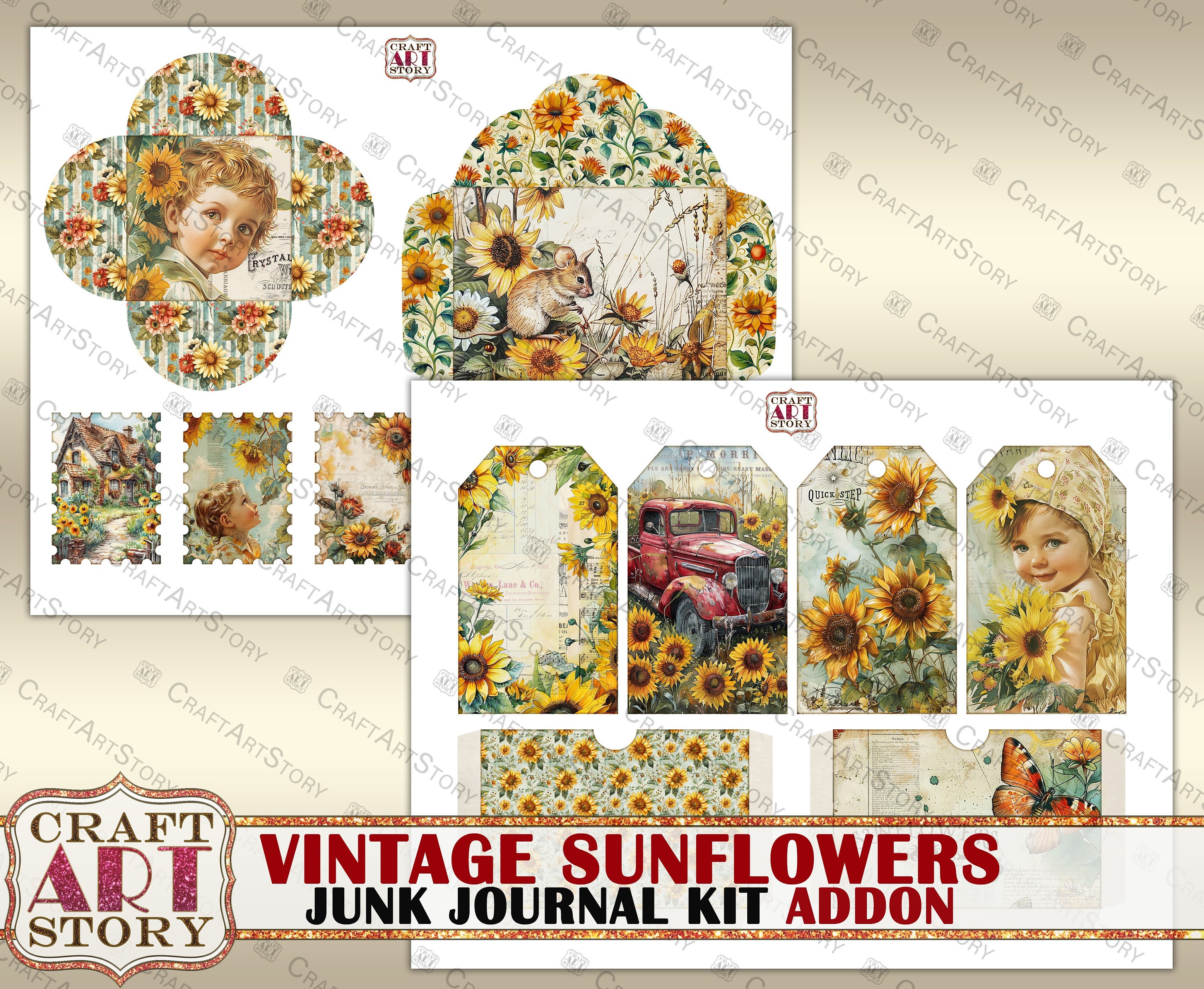 Vintage Sunflowers Junk Journal Kit Addon,scrapbook Printables Digital ...