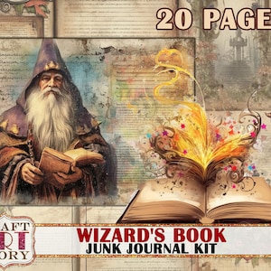 May include: A digital junk journal kit with 20 pages featuring a wizard holding an open book with magical flames and stars bursting from the pages. The kit is titled "Wizard's Book Junk Journal Kit" and includes the text "Craft Art Story".