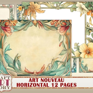 Pages de journal horizontales avec cadre Art nouveau, bordure, kit de journal en papier