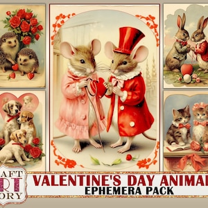 Vintage Valentines Day animals Ephemera Pack,valentine card set