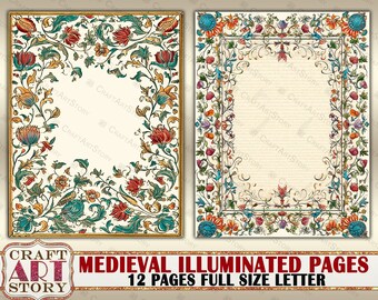 Vintage Medieval Illuminated Manuscript Frame Journal Pages