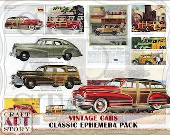 Old cars advertisement Ephemera Pack,antique classic art Printable kit,Vintage junk journal pack