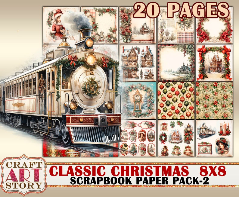 Classic Christmas Scrapbook Paper Pack-2,8x8 DIGITAL papers, paper pad image 1