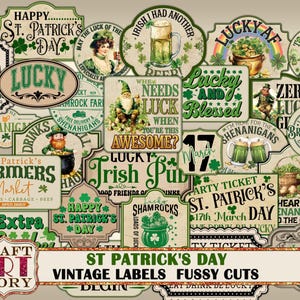Könnte beinhalten: Eine Sammlung von Vintage-Etiketten und -Ausschnitten zum St. Patrick's Day. Die Etiketten zeigen verschiedene Designs mit Kleeblättern, Kobolden, Bierkrügen und Texten wie "Lucky", "Irish Pub" und "Happy St. Patrick's Day". Die Farbpalette umfasst Grün, Beige und Braun.