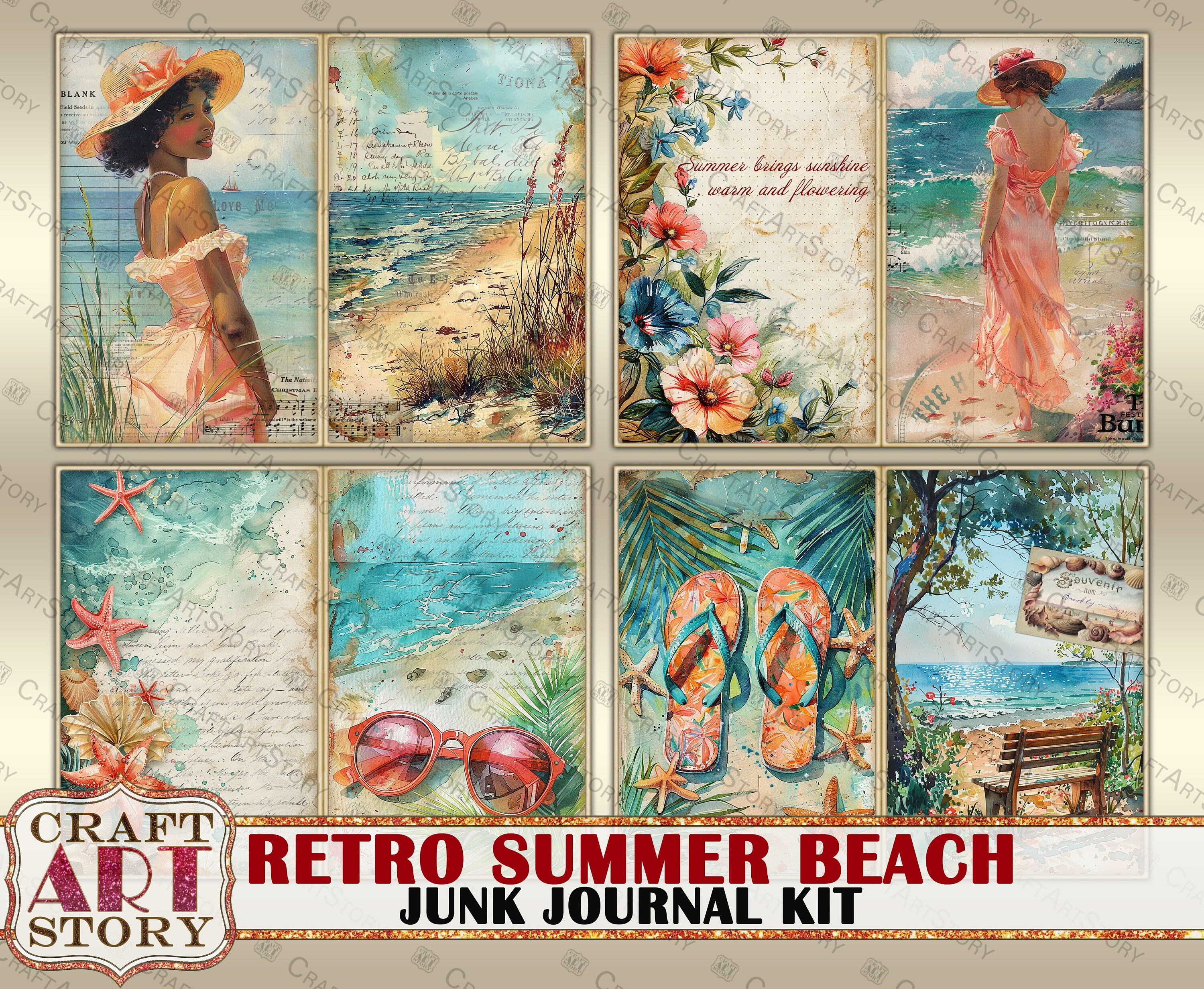 Retro Summer Beach Junk Journal Pages, Printables Digital Papers - Etsy