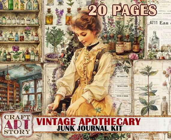 Vintage pharmacy Junk Journal Pages, apothecary printables digital papers