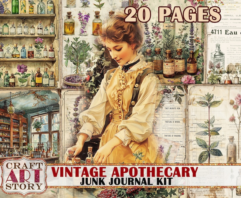 Vintage pharmacy Junk Journal Pages, apothecary printables digital papers image 1