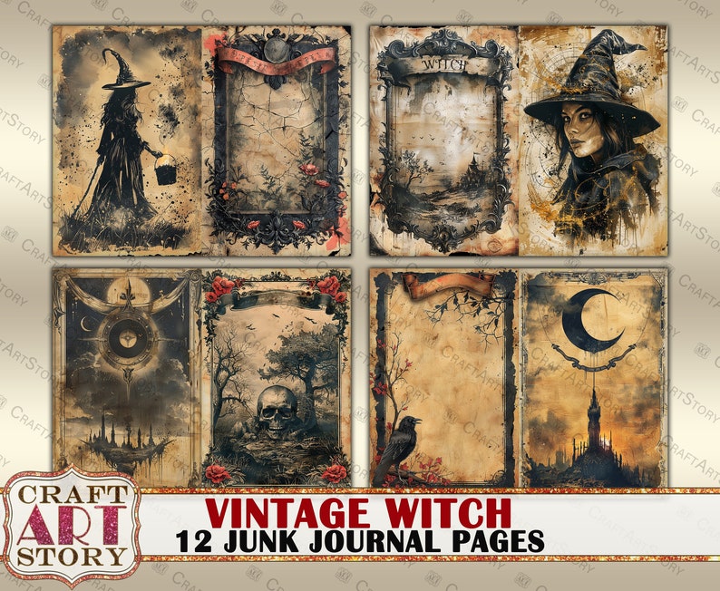 Vintage Witch Grunge Junk Journal Pages,retro Scrapbook Magic ...