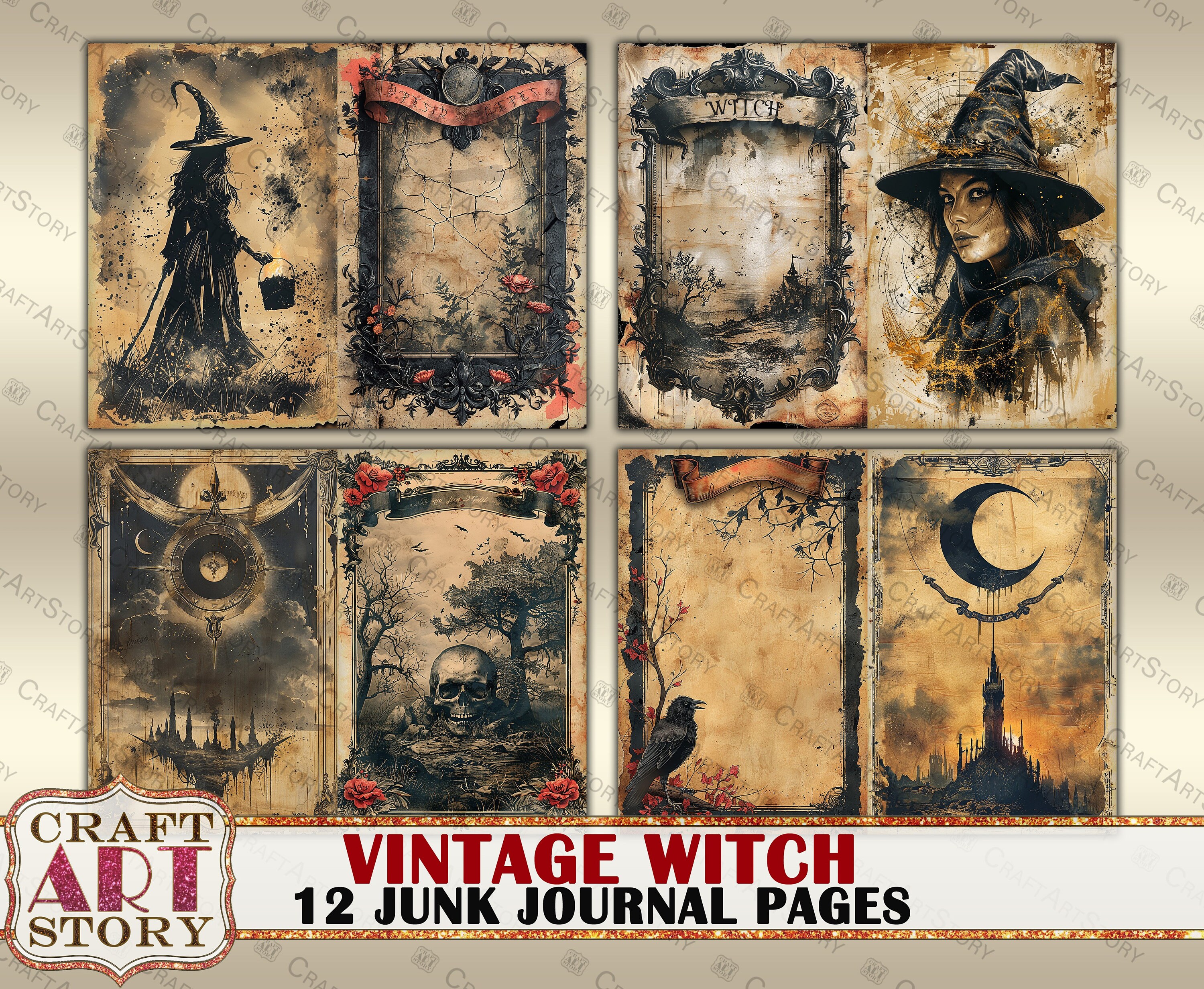 Vintage Witch Grunge Junk Journal Pages,retro Scrapbook Magic ...