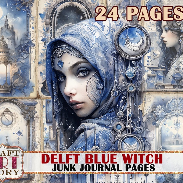 Delft Blue Witch Junk Journal Pages, álbum de recortes imprimibles documentos digitales