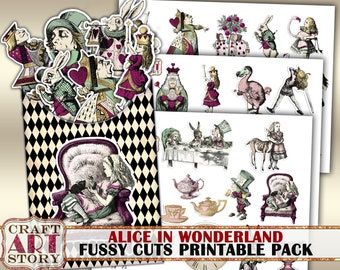 Vintage Printable stickers set,fussy cuts Alice in Wonderland,digital Stickers Scraps