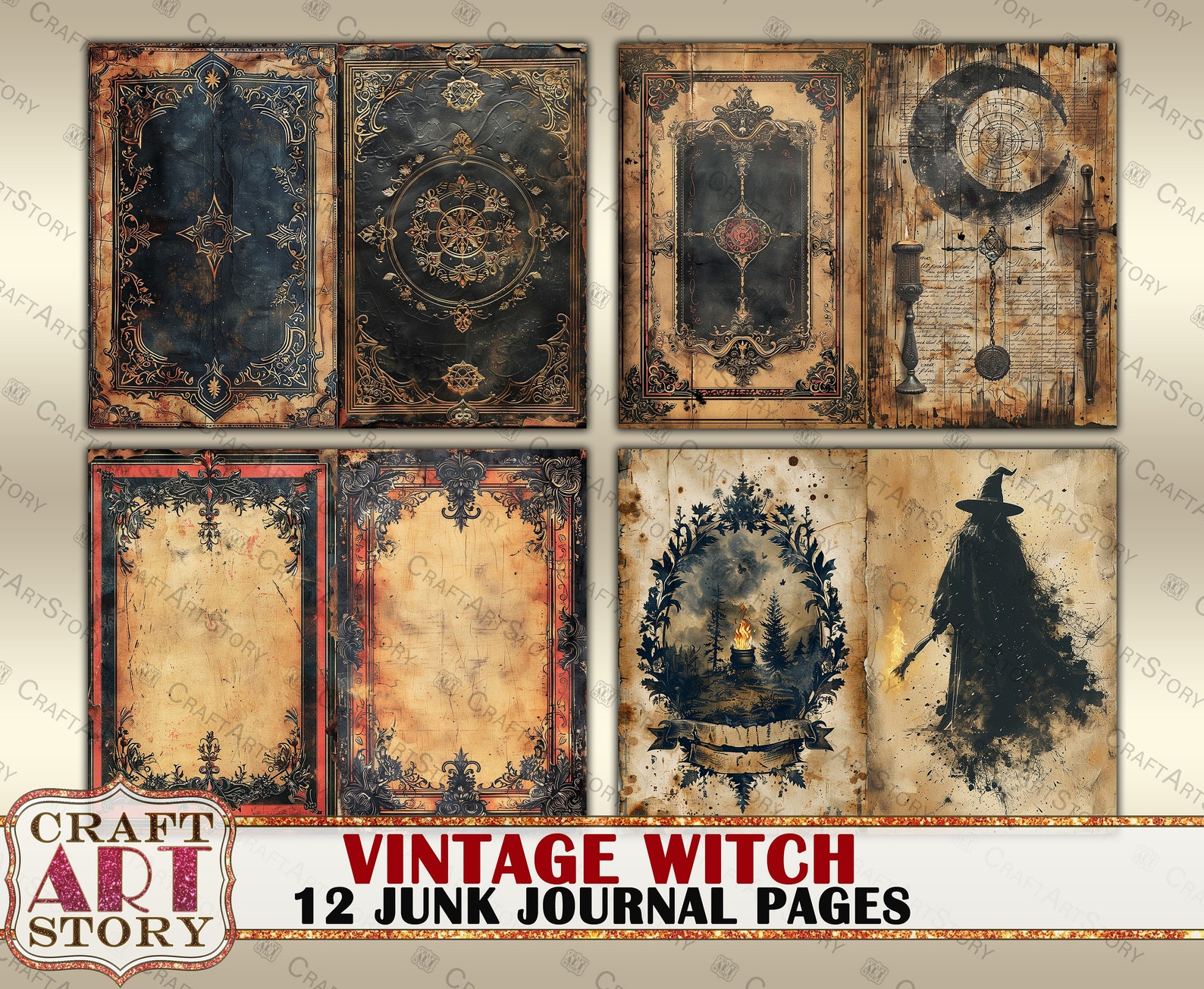 Vintage Witch Grunge Junk Journal Pages,retro Scrapbook Magic ...