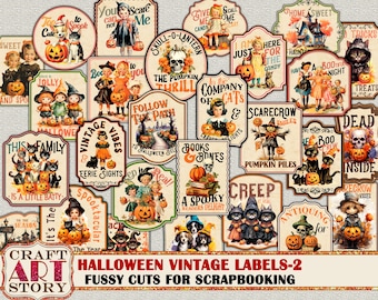 Halloween Fussy Cuts: afdrukbare herfstlabels-2, kaartjes en tags, papier, digitaal papier