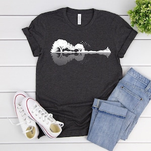 Guitar & Trees Reflection T-Shirt - Musician Shirt - Music and Nature Lovers Shirt - Eco-Friendly Tee - Guitar Players Gift- Rock Tees -