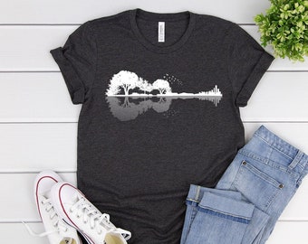 Guitar & Trees Reflection T-Shirt - Musician Shirt - Music and Nature Lovers Shirt - Eco-Friendly Tee - Guitar Players Gift- Rock Tees -