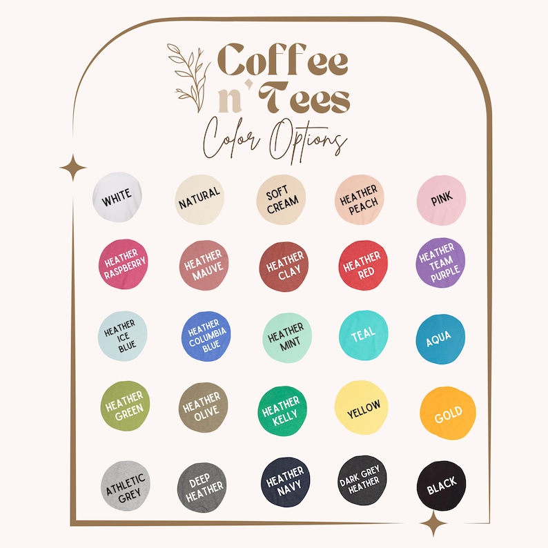 May include: Color chart showing 20 different t-shirt colors. The colors include white, natural, soft cream, heather peach, pink, heather raspberry, heather mauve, heather clay, heather red, heather team purple, heather ice blue, heather columbia blue, heather mint, teal, aqua, heather green, heather olive, heather kelly, yellow, gold, athletic grey, deep heather, heather navy, dark grey heather, and black.