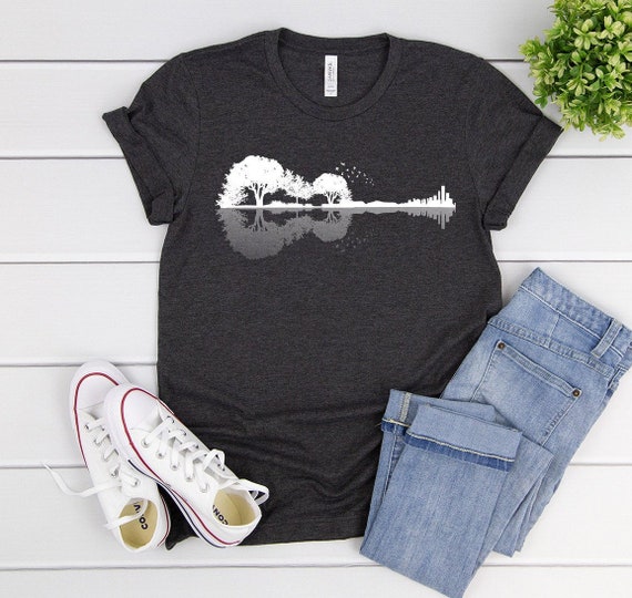 Guitar & Trees Reflection T-Shirt - Musician Shirt - Music and Nature Lovers Shirt - Eco-Friendly Tee - Guitar Players Gift- Rock Tees -